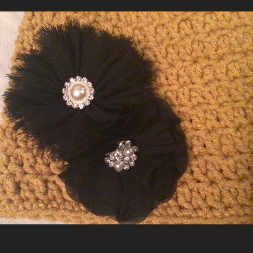 Ladies Mustard Beanie with Black Flowers